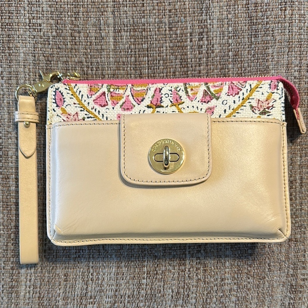 SPARTINA 449 DAUFUSKIE ISLAND LEATHER LINEN FLORAL CLUTCH GOLD HARDWARE VGUC
